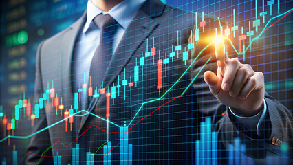 Financial investment and trading graph interface showing ticker price evolution with candlestick chart and moving average curves