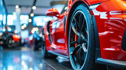  Close up of a modern red car in a car dealership. Car suitable for automotive industry promotions. Back view of a red car. Blurred background. Selective focus. Generative AI.
