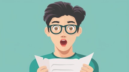 Shocked Man Reading Paper Against Green Background, Flat style illustration
