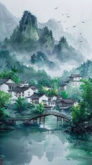 Fototapeta premium Chinese landscape painting, high mountains, rivers, and villages