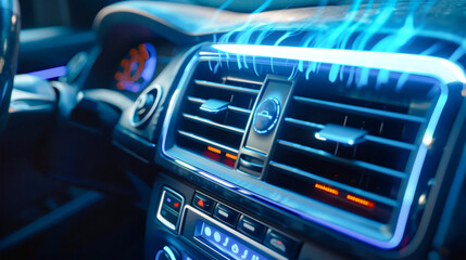 A close-up view of a cars air conditioner vents with a blue, ethereal glow illuminating the dashboard