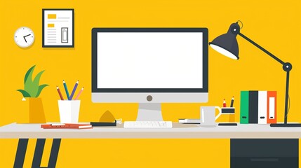 Modern Office Desk with Computer and Stationery Flat Design Illustration