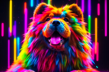 Naklejka premium Colorful Chow Chow Dog with Neon Lights in Background