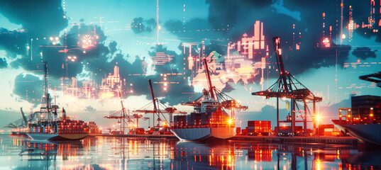 Obraz premium A cargo ship sits in a harbor, its hull illuminated by the rising sun, while digital data streams representing global trade flows across the sky