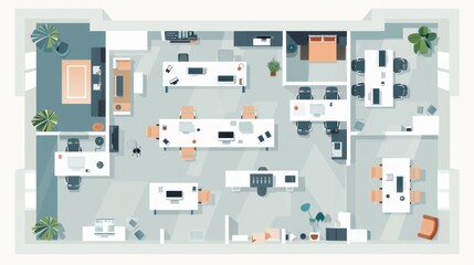 Modern Office Layout Efficiency - Flat Design Illustration of Productive Workspace Organization and Functionality