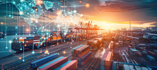 A cargo ship in a bustling port with glowing lines connecting worldwide ports, showing global shipping. The sunset casts a warm glow over the scene