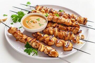 A plate of flavorful chicken satay skewers served with peanut dipping sauce. Isolated on pure white background