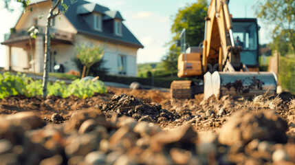 Obraz premium Freshly turned earth in suburban yard with an excavator bucket in background captures a moment of transformation and development