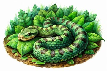 Coiled Trimeresurus insularis, a venomous pit viper species, lies camouflaged on a lush green forest floor, its scaly body blending with the tropical Nusa Tenggara Island habitat.