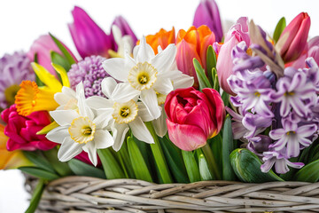 Fototapeta premium A vibrant bouquet of pink spring tulips in a woven basket, perfect as a gift or Easter decoration