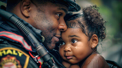 A firefighter, likely having responded to an emergency situation, offers a comforting embrace to a young girl
