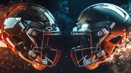 Two football helmets face each other, with sparks flying around them, creating a sense of anticipation and excitement for the game