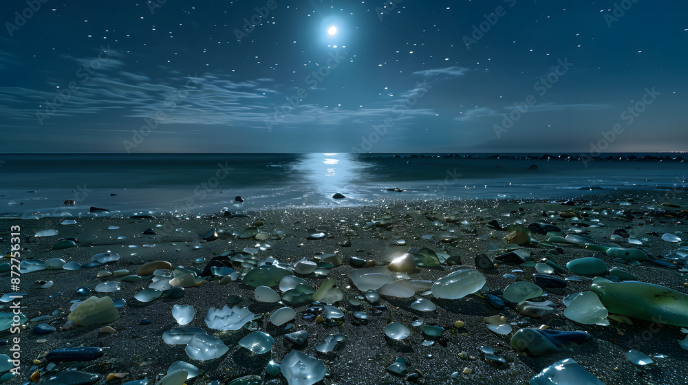 Wall mural a beach at night with a full moon in the sky