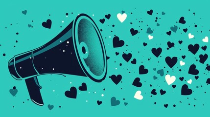 Black Megaphone With Hearts on Teal Background, flat style, grunge