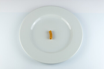 Circular plate with one single isolate piece of italian pasta, on a white background. Concept...