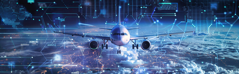 A futuristic airplane flies through the sky, surrounded by digital lines and data points, with a cityscape below