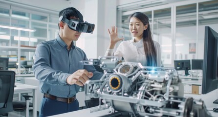 Asian man using VR headset with female colleague explaining in a modern technology lab