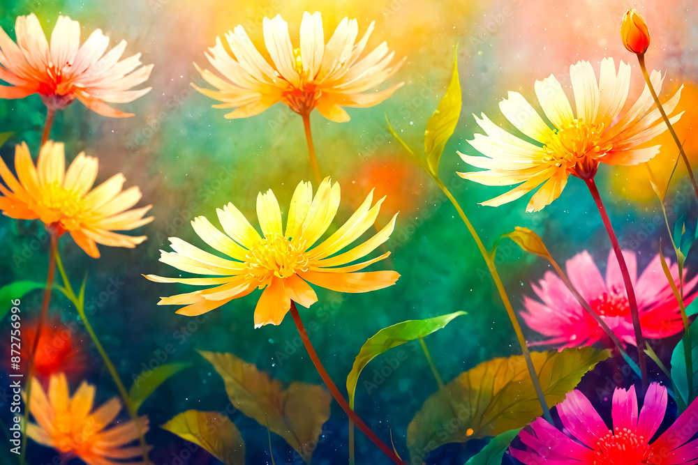 Wall mural Vibrant Yellow and Pink Flowers in Watercolor Style