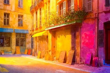 Fototapeta premium Colorful European Street with Shops and Shutters