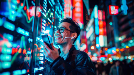 Fototapeta premium At night on a city street, a man happily looks at his phone with a stock market graph. The city lights in the background create a colorful scene