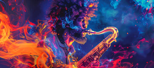 A close-up image of a man playing a saxophone, surrounded by colorful swirls of blue, orange, and red, as if engulfed in a fiery passion for music