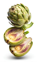 Obraz premium Flying Sliced artichoke on white background, Clipping path, Selective focus