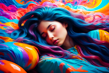 Fototapeta premium Woman with blue and pink hair sleeping on colorful abstract background