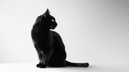 A sleek, black cat with a shiny coat sits gracefully against a minimalist backdrop, looking off to the side in a profile view.
