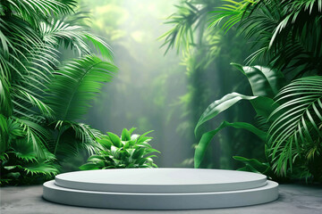 Obraz premium white circle display on green nature jungle, green leaves background, Minimal nature concept for product presentation