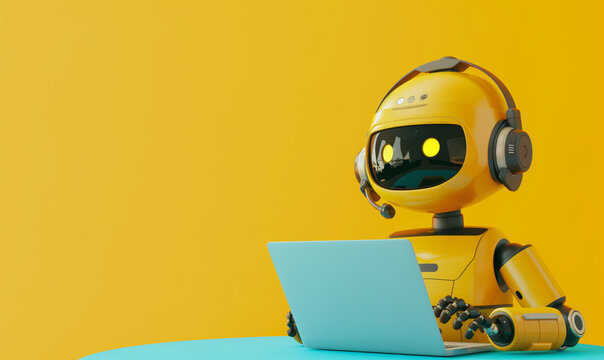 Personal AI assistant robot working on a laptop with a bright yellow background