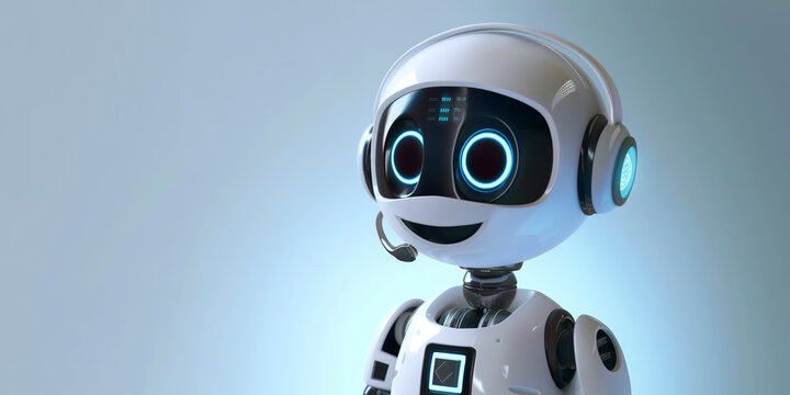 Minimalist AI call center robot with headset providing tech support on a light blue background