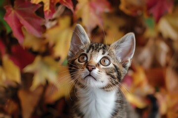 Adorable tabby kitten with autumn leaves background, looking up curiously. Perfect for seasonal pet and animal-themed collections.