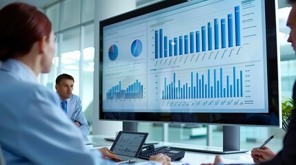 Naklejka premium Business Professionals Reviewing Data on Large Screen