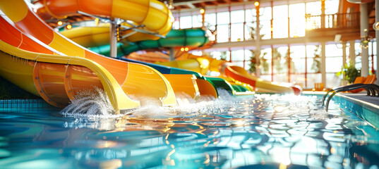 A close-up shot of a water slide in an indoor water park, showing the bright colors and the excitement of splashing into the pool