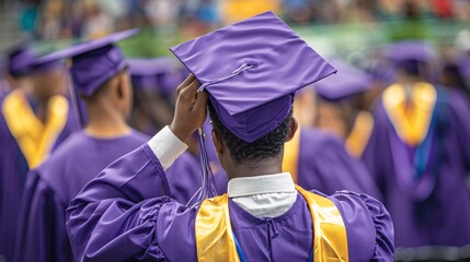 Detailed photograph of a graduate adjusting their cap and gown, preparing to go on stage to receive their diploma