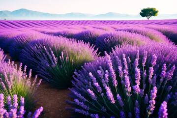 Obraz premium Lavender Field with Single Tree and Mountain Range