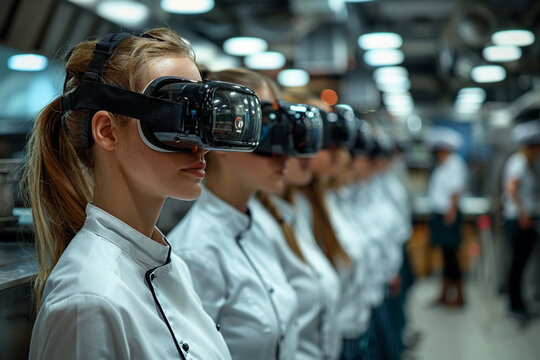Group of chefs in a kitchen wearing VR headsets, showcasing futuristic virtual reality technology in culinary training.