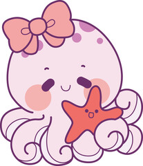 Cute Kawaii Happy Octopus Vector Icon set.
Baby octopus with fish and ship in the sea.
Dreamy and very cute jellyfish swimming in the ocean.