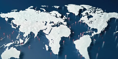 Digital world map with glowing cyber data points on dark blue background. Global connectivity and internet technology concept. Design for network, communication, technology innovation theme. AIG35.