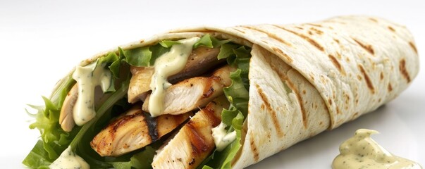 A fresh Caesar wrap filled with grilled chicken, romaine lettuce, and creamy Caesar dressing. Isolated on pure white background