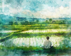 Obraz premium Man meditating in a rice paddy, lush green fields, serene farming landscape, Watercolor style