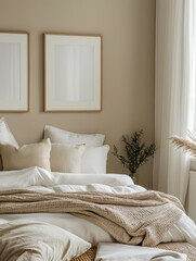 Bedroom interior with empty picture frames