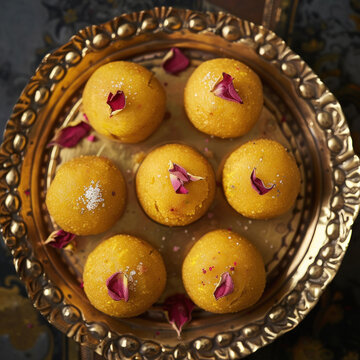 Design an image showcasing 6 tempting besan laddoos