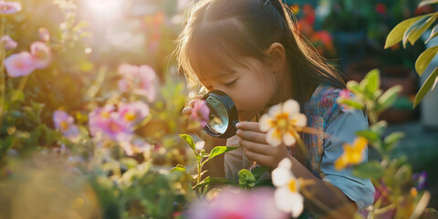 Little girl using a magnifying glass over blooming flowers in sunlight.