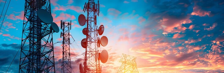 Communication Towers Sunset Sky Global Connectivity
