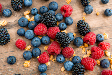 Close-up composition, assorted mix berries: blackberries, blueberries, raspberries