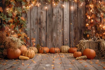 Pumpkins stacked on wooden boards with sparkling lights in the background