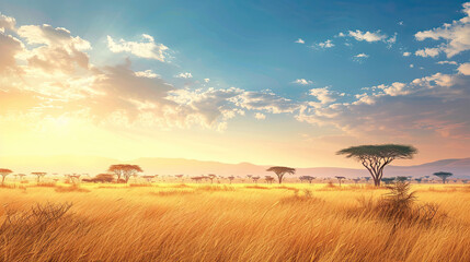 Stunning African Landscape with Rolling Savannahs, Majestic Baobab Trees, Vibrant Wildlife, Golden Sunsets, Serene Nature Scenery, Expansive Horizons, and Untouched Natural Beauty in African Wildernes