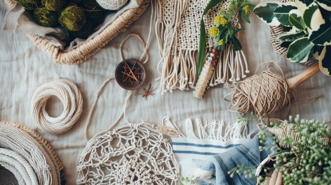 Artistic arrangement of macrame supplies with a flat lay aesthetic for creative pursuits