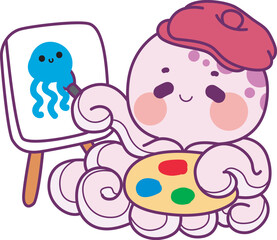 Cute Kawaii Happy Octopus Vector Icon set.
Baby octopus with fish and ship in the sea.
Dreamy and very cute jellyfish swimming in the ocean.
